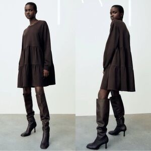 Zara Basic Brown Long SleeveCrew Neck Tiered Dress Size XL Winter Fall